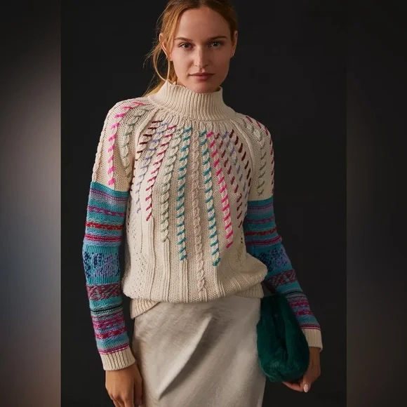 Anthropologie Wendy Wurtzburger Stitch Mix Fisherman Crewneck Sweater Small NWT - Picture 1 of 16